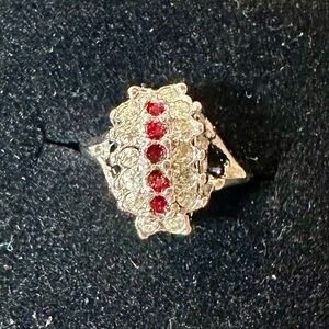Elegant Silver Ruby & Diamond CZ Dinner Ring, size 4